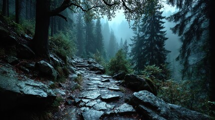 Misty mountain path in autumn