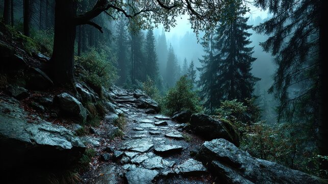 Misty mountain path in autumn - Powered by Adobe