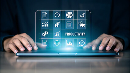 Digital interface displaying business analytics and productivity icons technology