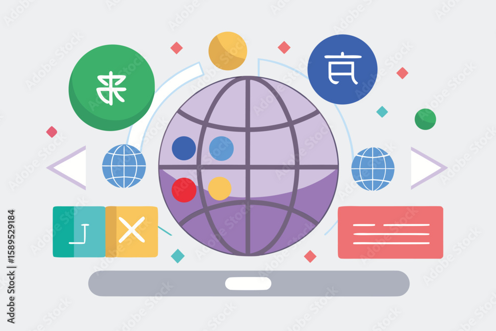 Poster abstract digital design with global connection elements and stylized symbolic representations on a g
