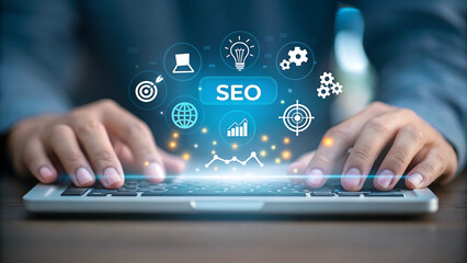Digital marketing strategy with seo optimization and business growth icons image