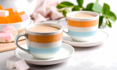 Cozy Striped Mugs of Hot Coffee or Tea with Vibrant Turkish Delight Candies on a Warm Table Setting