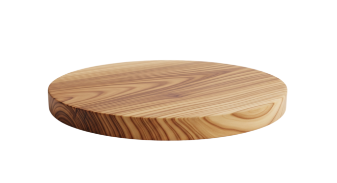 Round wooden podium or cutting board, product display stand with wood grain. Isolated on transparent background, png