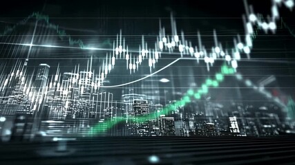 Abstract financial chart with growing green line on blurred city background, business and - Powered by Adobe