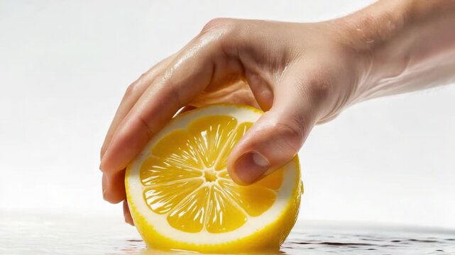 A person squeezing a slice of lemon into a glass of water