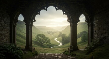 Stone Archway Framing Serene Valley River Landscape