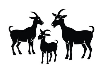 Various goat silhouettes set isolated flat vector illustration on white background.