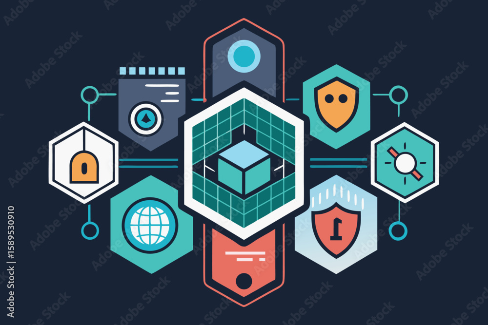 Poster abstract illustration of data security network and digital infrastructure connecting technology and 