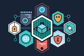 Abstract illustration of data security network and digital infrastructure connecting technology and concepts in a digital world.