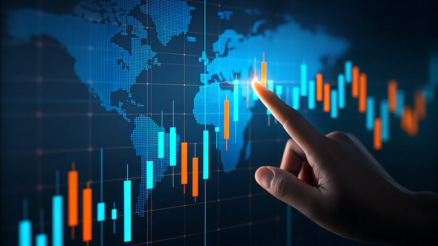Finger pointing at glowing stock market graph over world map financial graph candlestick chart
