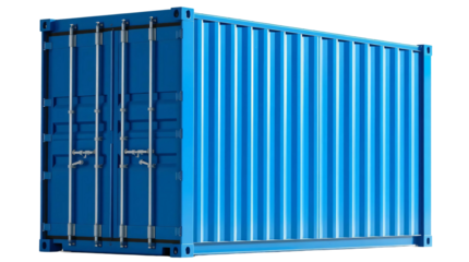 Blue shipping container standing upright isolated on transparent background