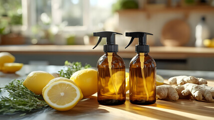 Amber Bottles with Sprayers, Lemons, Ginger, and Herbs - Realistic Kitchen Still Life