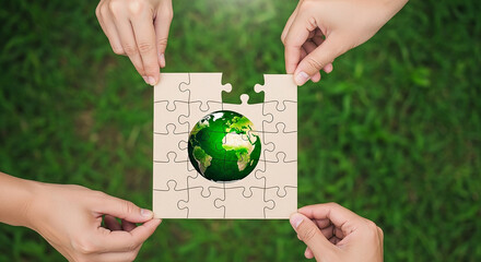 Hands complete Earth puzzle, symbolizing global unity