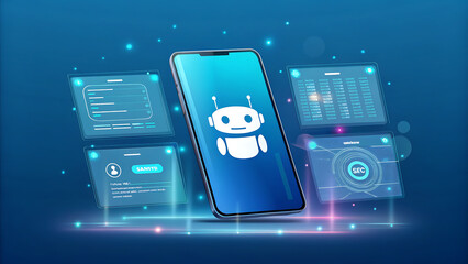 Futuristic digital interface with chatbot and data displays technology mobile