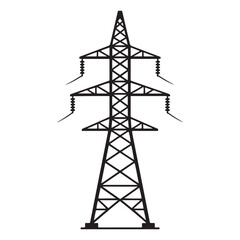 High voltage tower with power lines against blue vector silhouette