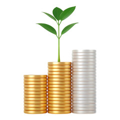 Green plant growing from stacks of gold and silver coins isolated on transparent background