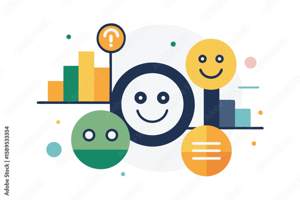 Poster colorful abstract illustration with smiley faces and bar graphs representing mood and data analysis 