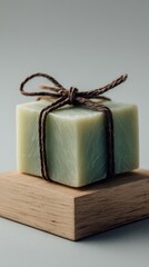 A green square soap bar tied with a brown string, resting on a wooden block against a soft gray background.