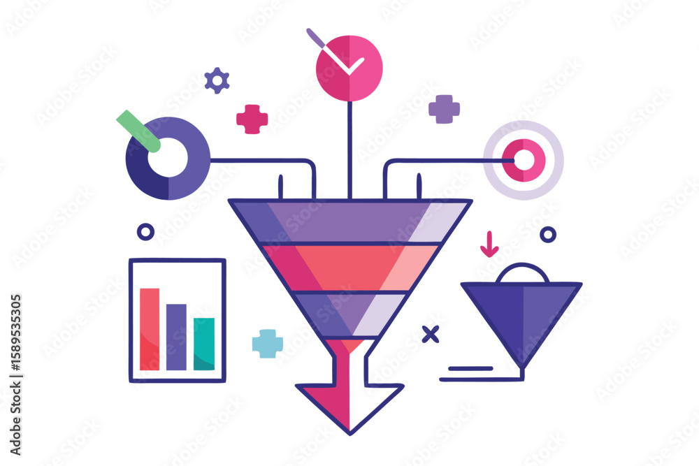 Poster conceptual illustration representing business processes with funnel data charts and clock elements w