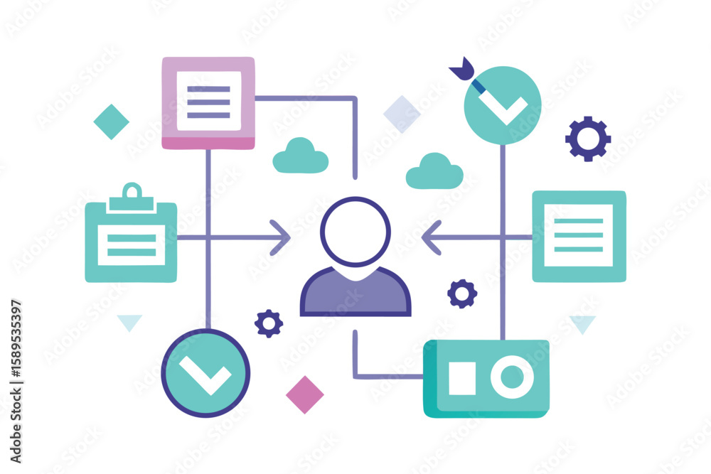 Poster customer journey mapping concept with user interface elements like icons and checks on white backgro