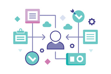 Customer journey mapping concept with user interface elements like icons and checks on white background.