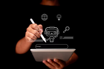 A person uses a stylus on a tablet with digital icons representing AI, search, ideas, and documents...