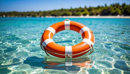 Bright orange life preserver floats in shallow turquoise water