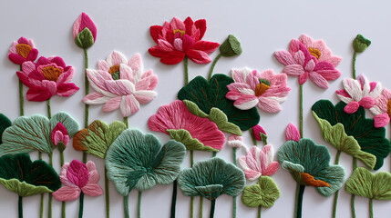 Handmade embroidery, various lotus patterns, pink, red, light pink, DIY style embroidery design, 3D embroidery texture on white background