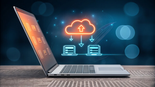 Laptop displaying cloud data transfer with glowing icons cloud computing upload