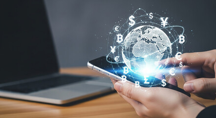 Global finance on a smartphone with currency symbols around globe.