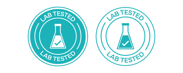 Modern Lab Tested Badge Vector Set – Blue and Cyan Scientific Approval Icons with Checkmark and Flask Design © Sawaira
