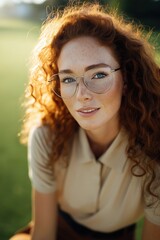 Fototapeta premium Young caucasian female with red hair and glasses smiling outdoors in sunlit park