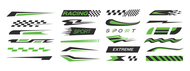 Racing sport stripes and flames stickers decals set, extreme sports racing flags, sport car and motorbike design elements
