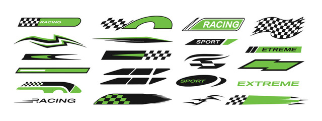 Racing decals vector set featuring sport stripes, flames, extreme sports racing flags, and design elements for sport cars and motorbikes, perfect for motorsport and racing events

