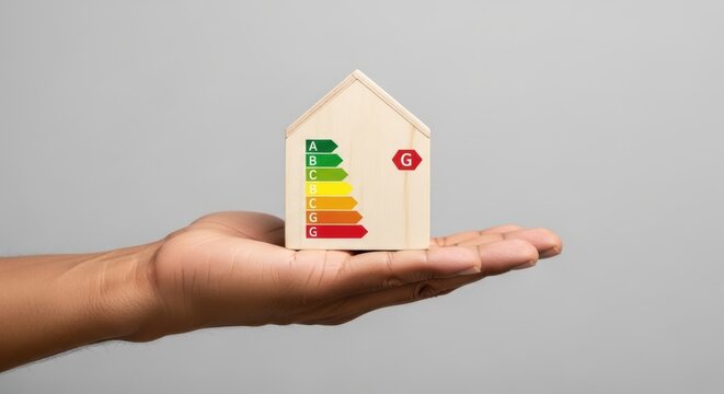 Hand holding a wooden house with energy efficiency rating labels