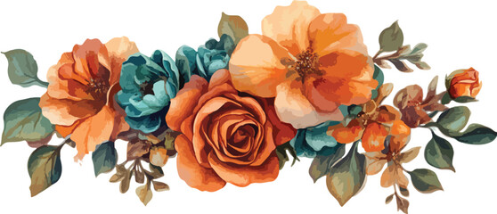 Watercolor floral arrangement featuring orange teal and brown flowers on a white background