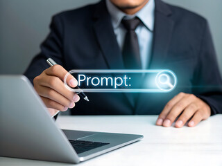 Person holding pen near glowing search bar with prompt text business suit