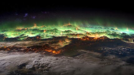 Fototapeta premium Wide cosmic panorama of Earth showing nuclear blasts emitting bright flames and poisonous smoke, glowing radioactive green edges around ash clouds, atmospheric light 