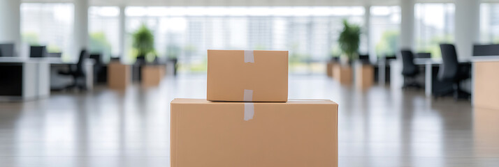 Boxes in a bright modern office space ready for delivery. Preparation for relocation or new items arrival. Focus on the stacked boxes.