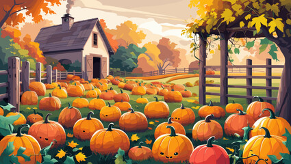 Pumpkin patch with smiling pumpkins in a vibrant autumn landscape near a rustic farmhouse