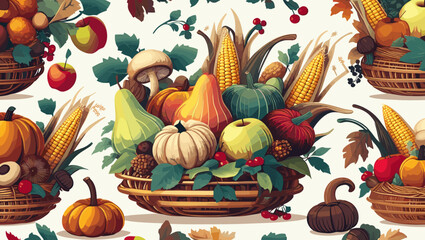 Basket full of colorful autumn fruits and vegetables surrounded by a decorative pattern of harvest elements