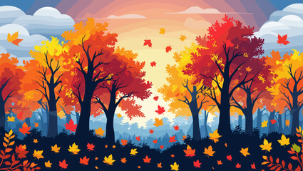 Autumn landscape with falling leaves and colorful trees under a sunset sky in a serene forest