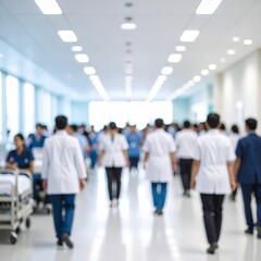 Defocused image of hospital, with lots of people inside, doctors and patients.