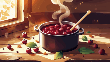 Cooking jam in a black pot with steaming berries on a wooden table near a sunlit window