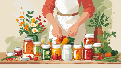Woman preparing vegetables for canning on a table with jars and fresh flowers in a cozy kitchen