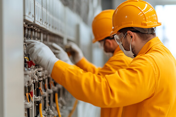 Electricians working on a panel in safety gear. Focus on safety and precision. Ensuring the power stays on!