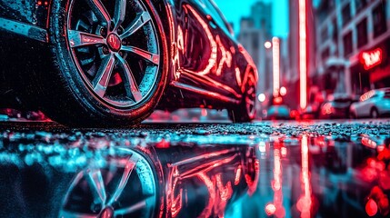 Urban wet road reflecting bright neon building lights, low-angle perspective, DSLR 16mm lens, high contrast neon columns and wet pavement textures