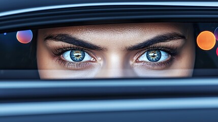 Close-up of eyes behind rain-covered car window with vivid urban reflections, full-frame DSLR 105mm lens, intense gaze contrasted with blurred colorful lights