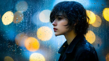 Softly lit portrait of person behind wet taxi glass at night, shot with mirrorless 85mm lens, bokeh city lights blending into foggy reflections