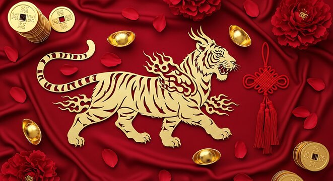 Golden paper-cut tiger surrounded by gold ingots, coins, red flowers, and a Chinese knot on a red silk background, celebrating Chinese New Year.
